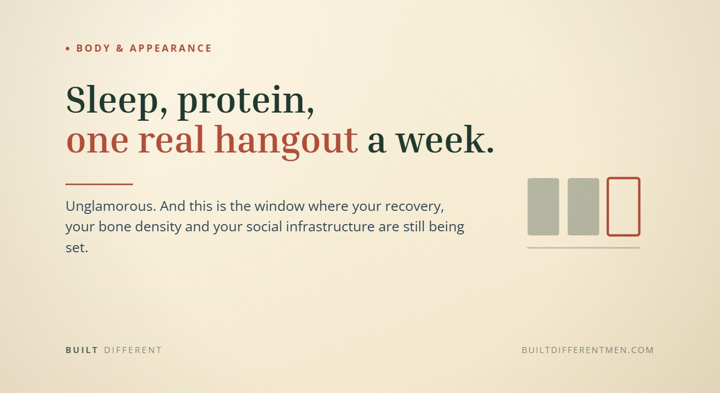 Card reading: Sleep, protein, one real hangout a week. — filed under Body & Appearance.
